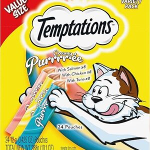 Temptations Creamy Puree with Chicken, Salmon, and Tuna Variety Pack of Lickable, Squeezable Cat Treats, 0.425 Oz Pouches, 24 Count