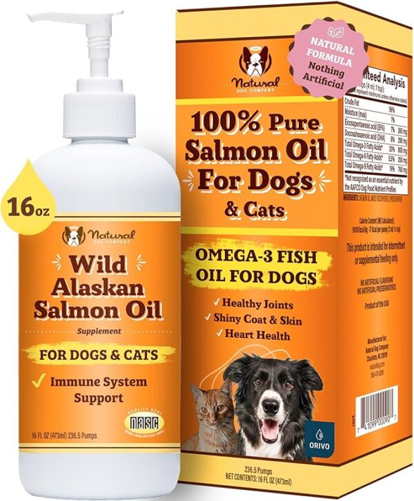 Natural Dog Company Wild-Caught Salmon Oil for Dogs (16oz) with Pump, Omega 3 Fish Oil Supplement for Joint Health, Skin & Coat